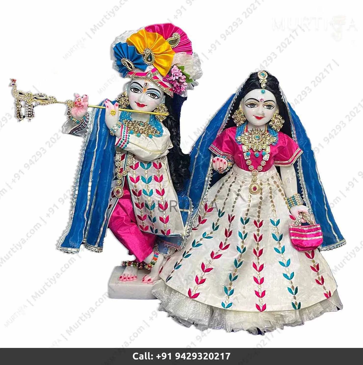 18 Inches ISKCON White Radha Krishna Marble Statue With White and Pink Kurta Style Dress Clothes Jewellery Pure Handmade